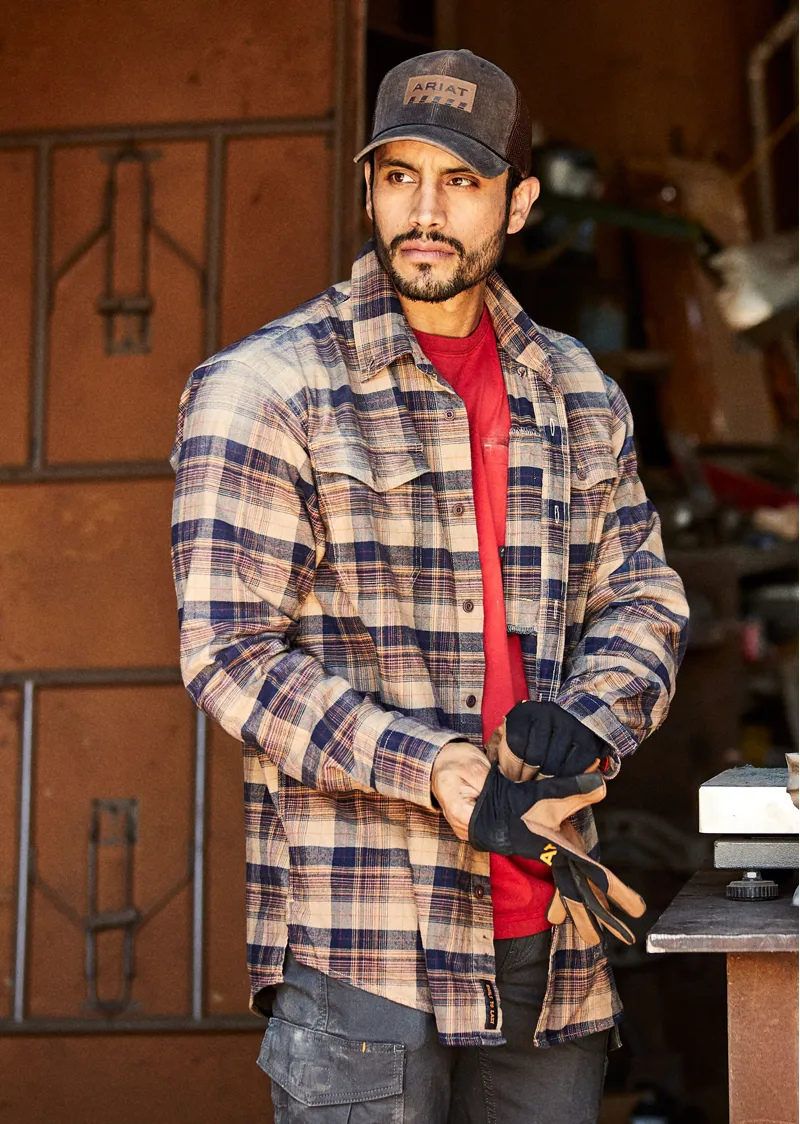 Ariat Mens Rebar Flannel Durastretch Long Sleeve Work Shirt Tiger Eye Plaid